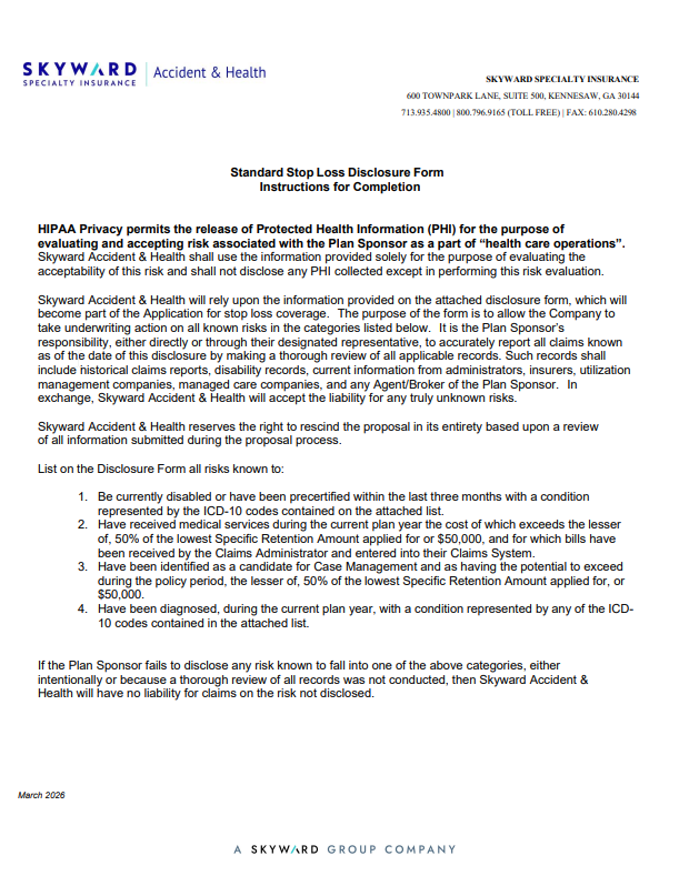 Standard Stop Loss Disclosure Form